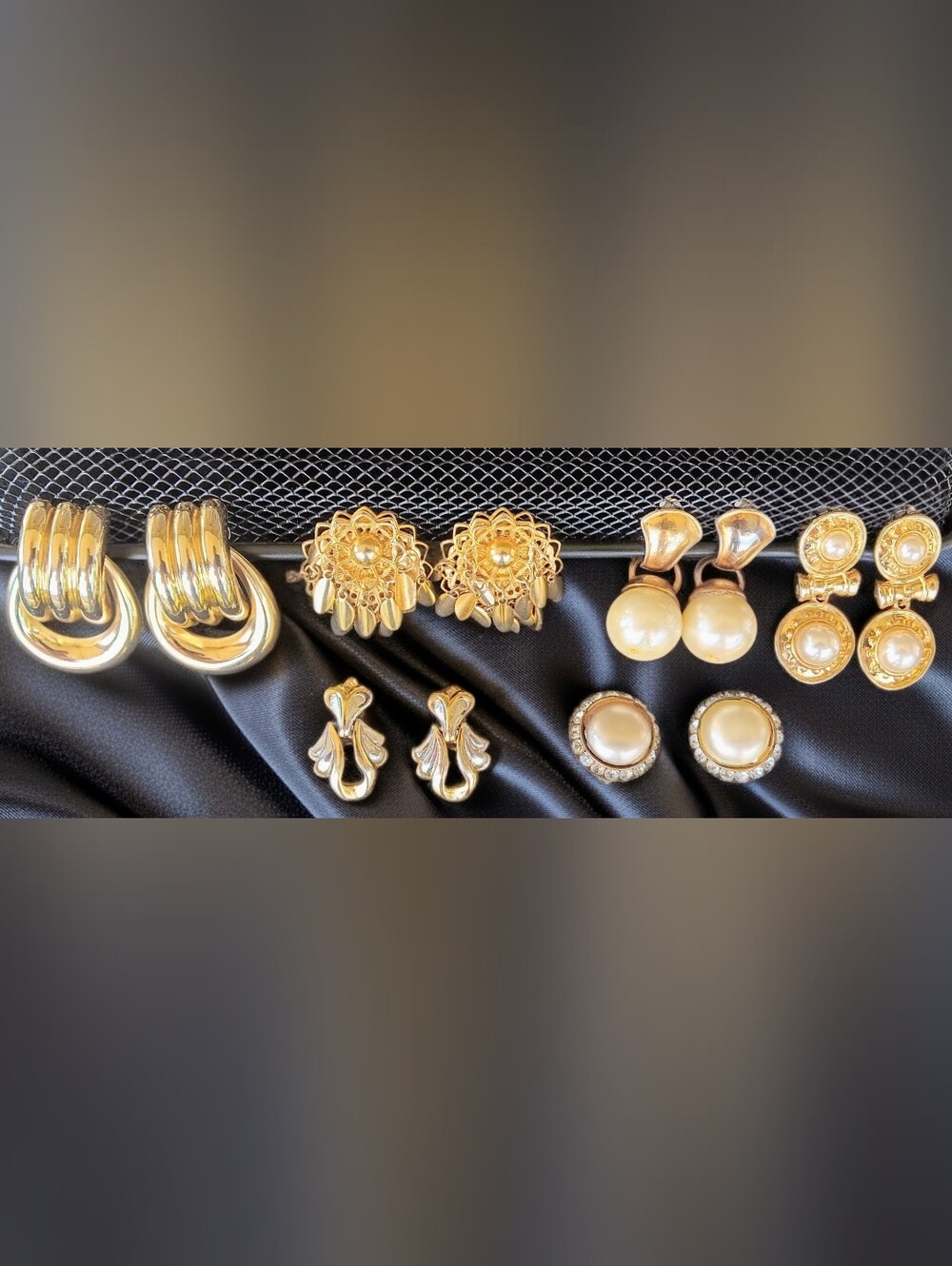 Vintage Statement Clip On Earrings Lot 80s Glam Gold Faux Pearl Retro 6 Pairs